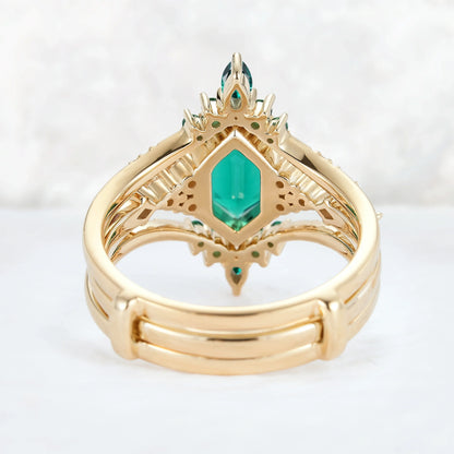 Unique Celtic Hexagon Cut Emerald Enhancer Gemstone Ring Set 2pcs