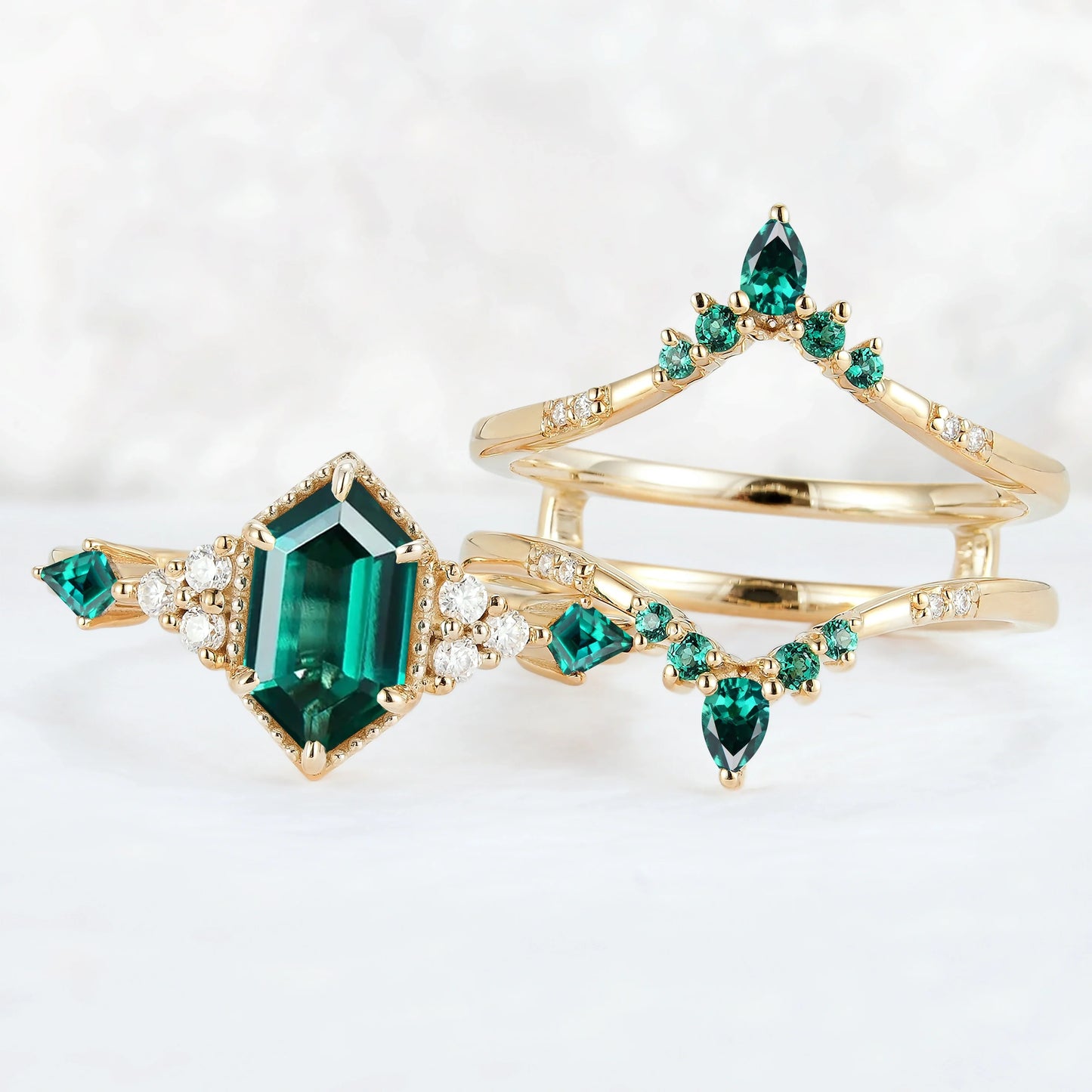 Unique Celtic Hexagon Cut Emerald Enhancer Gemstone Ring Set 2pcs