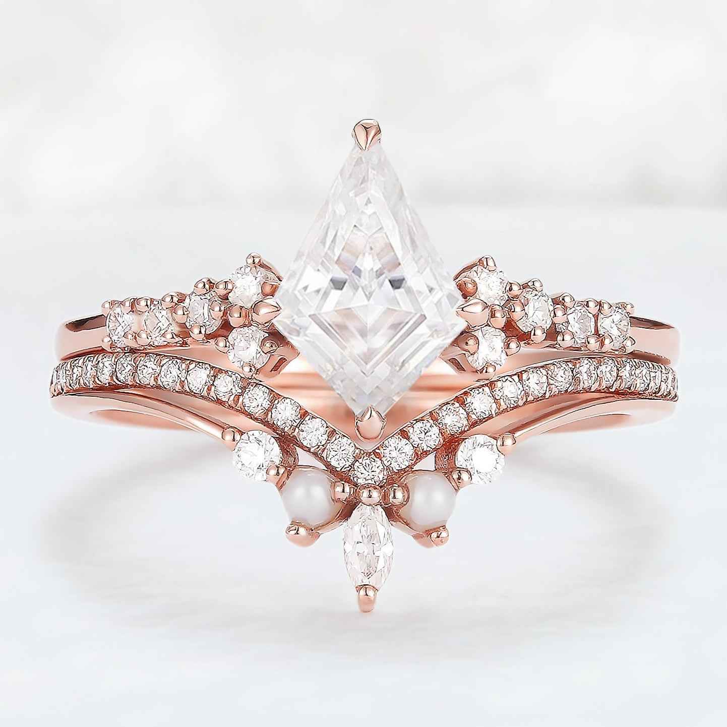 Unique Cut Kite Cut Moissanite Cluster Gemstone Ring Set 2pcs