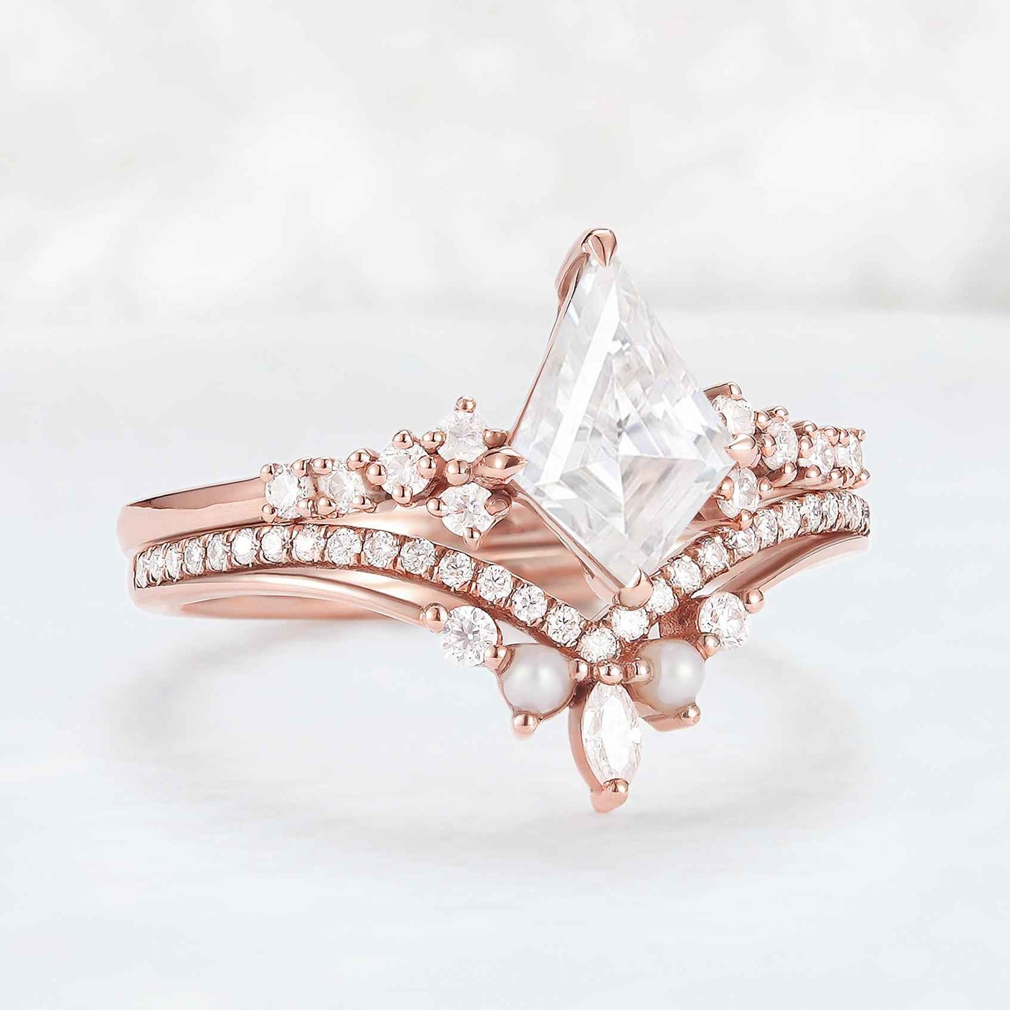 Unique Cut Kite Cut Moissanite Cluster Gemstone Ring Set 2pcs