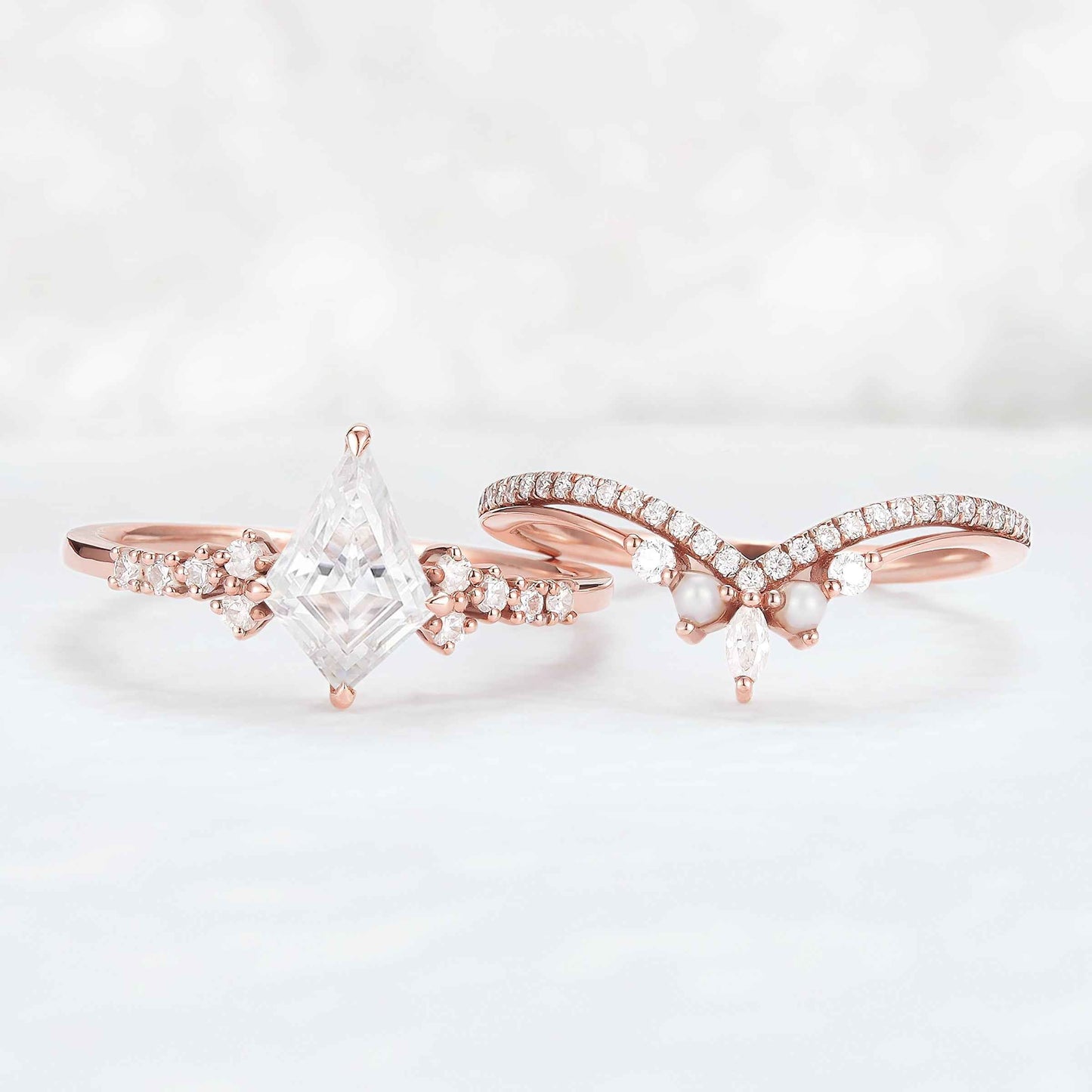 Unique Cut Kite Cut Moissanite Cluster Gemstone Ring Set 2pcs