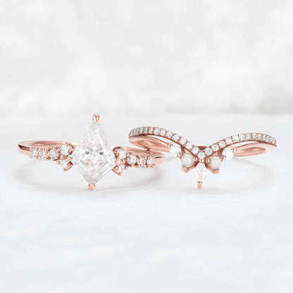Unique Cut Kite Cut Moissanite Cluster Gemstone Ring Set 2pcs