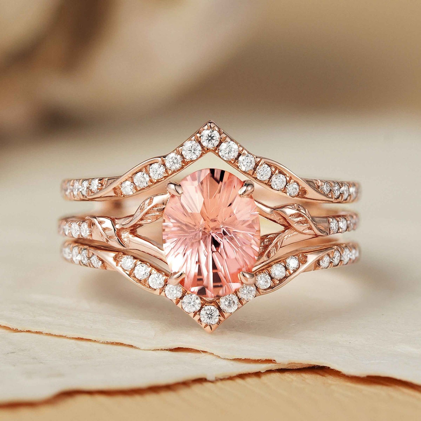 Unique Fireworks Cut Oval Pink Sapphire Enhancer Gemstone Ring Set 2pcs