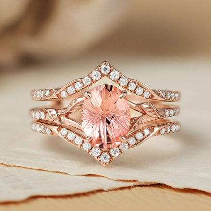 Unique Fireworks Cut Oval Pink Sapphire Enhancer Gemstone Ring Set 2pcs