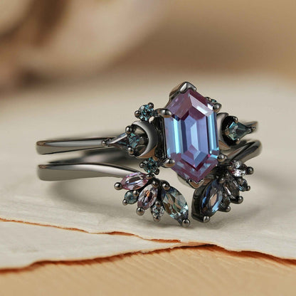 Unique Hexagon Cut Alexandrite Clutser Ring Set 2pcs