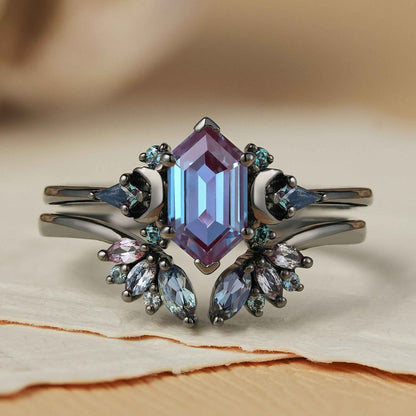 Unique Hexagon Cut Alexandrite Clutser Ring Set 2pcs