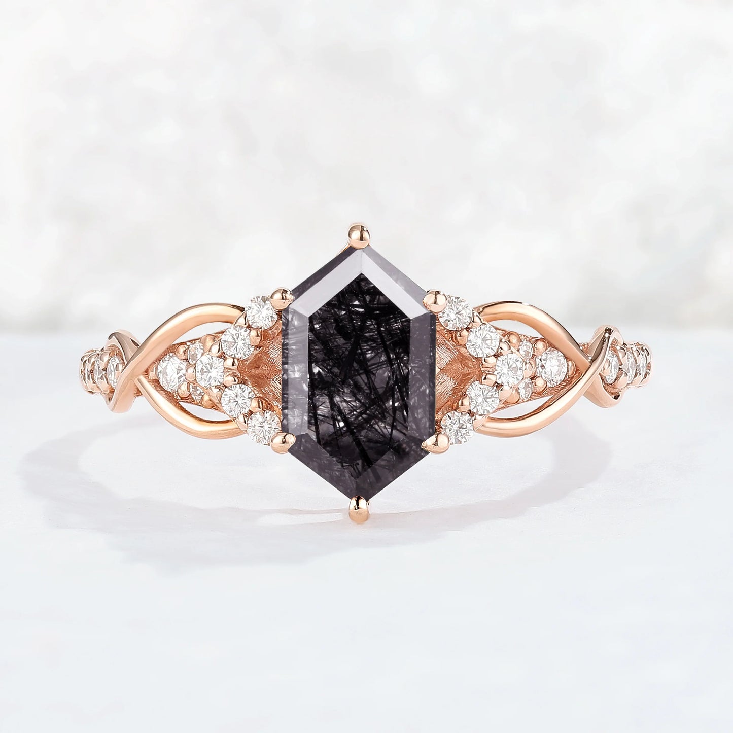 Unique Hexagon Cut Black Rutilated Quartz Vine Gemstone Ring