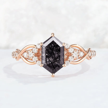 Unique Hexagon Cut Black Rutilated Quartz Vine Gemstone Ring