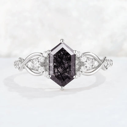 Unique Hexagon Cut Black Rutilated Quartz Vine Gemstone Ring