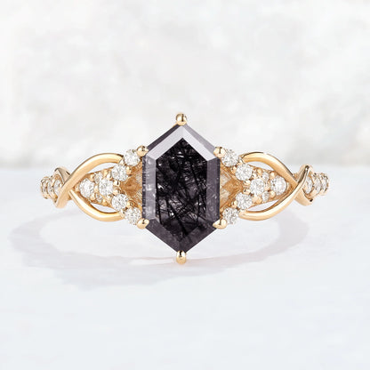 Unique Hexagon Cut Black Rutilated Quartz Vine Gemstone Ring