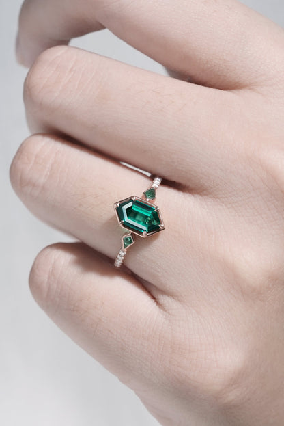 Unique Hexagon Cut Emerald Three Stone Half Eternity Gemstone Ring