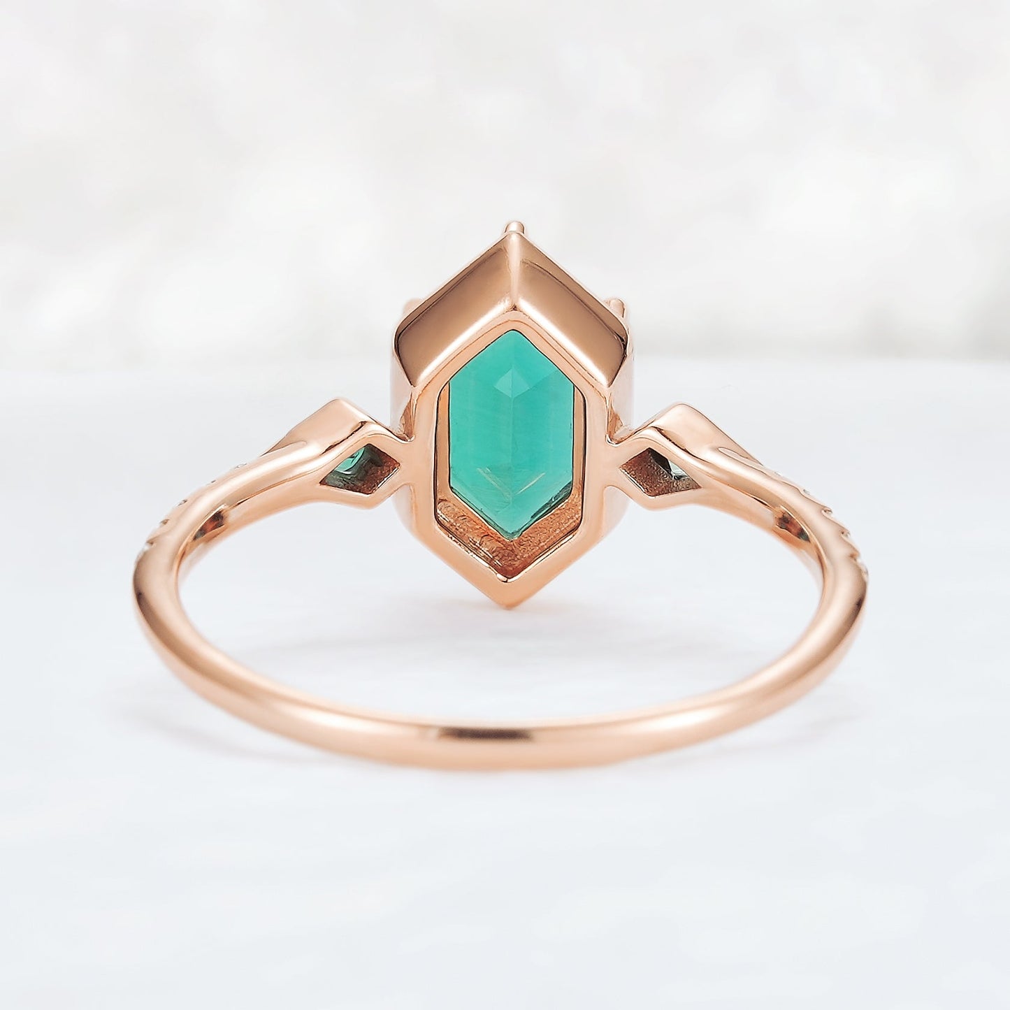 Unique Hexagon Cut Emerald Three Stone Half Eternity Gemstone Ring