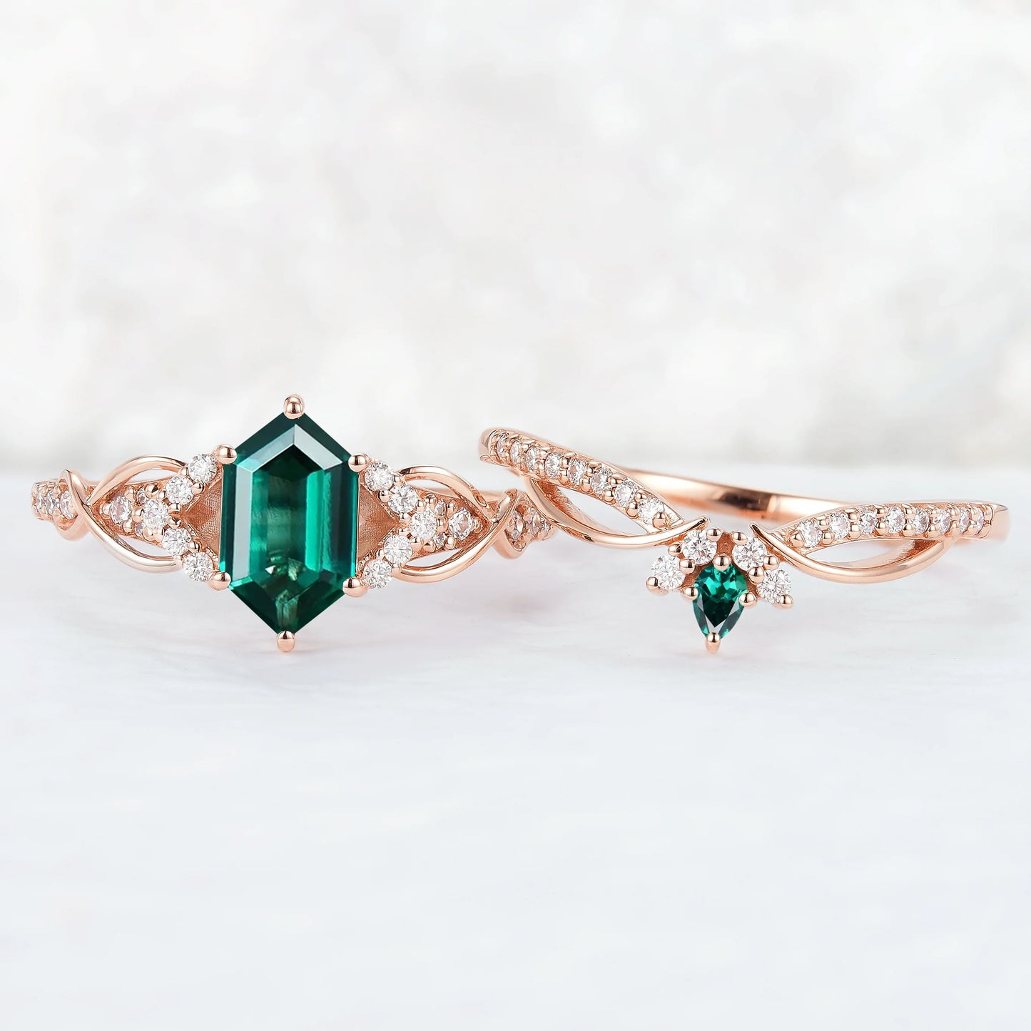 Unique Hexagon Cut Emerald Vine Gemstone Ring Set 2pcs