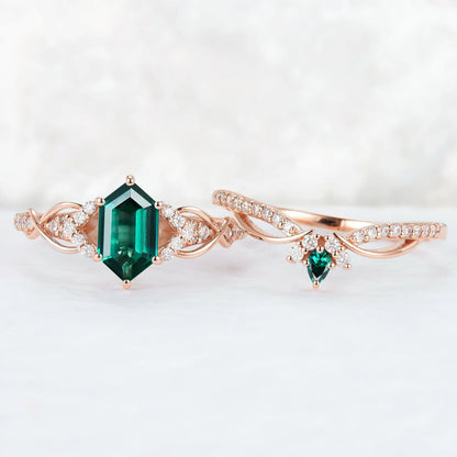Unique Hexagon Cut Emerald Vine Gemstone Ring Set 2pcs