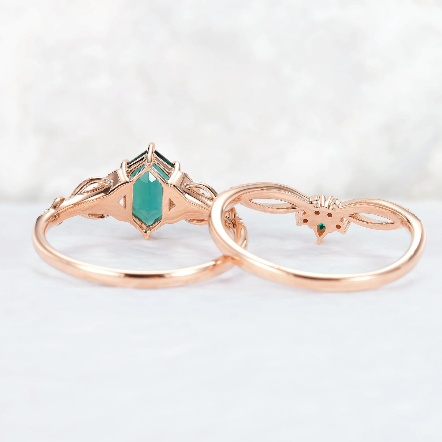 Unique Hexagon Cut Emerald Vine Gemstone Ring Set 2pcs