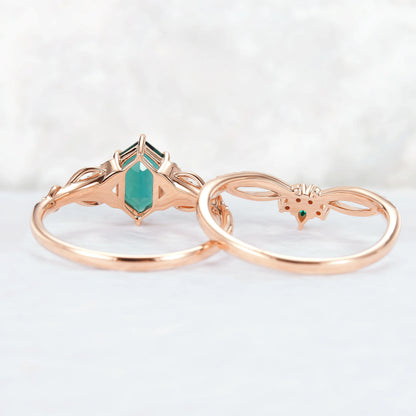 Unique Hexagon Cut Emerald Vine Gemstone Ring Set 2pcs