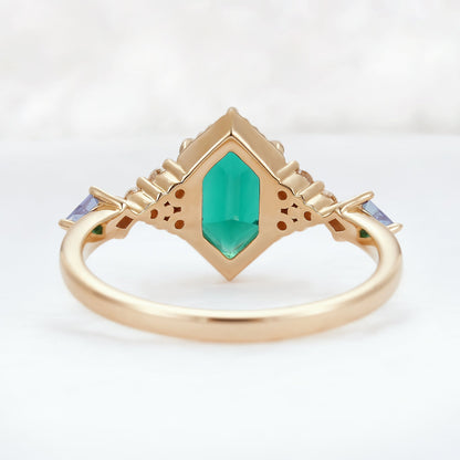 Unique Hexagon Cut Emerald and Moissanite Ring