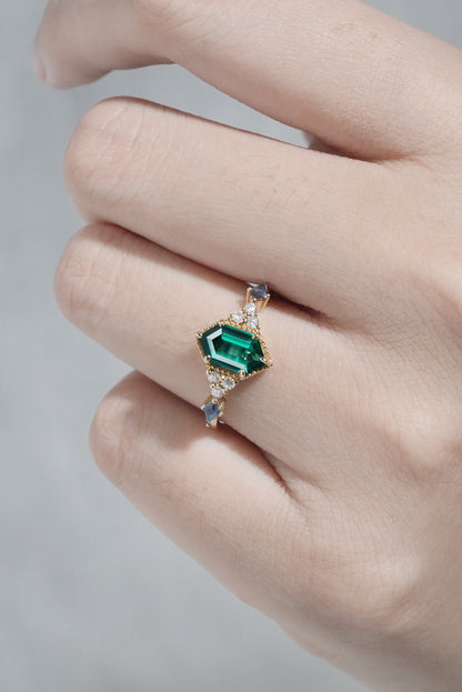 Unique Hexagon Cut Emerald and Moissanite Ring