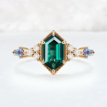 Unique Hexagon Cut Emerald and Moissanite Ring