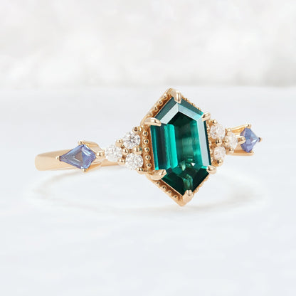 Unique Hexagon Cut Emerald and Moissanite Ring