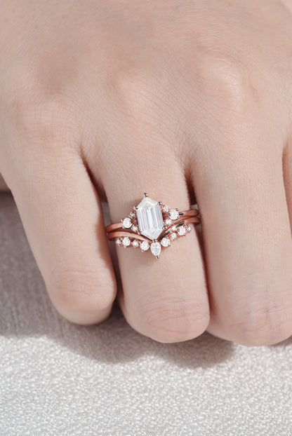 Unique Hexagon Cut Moissanite Cluser Seven Stone Gemstone Ring Set 2pcs