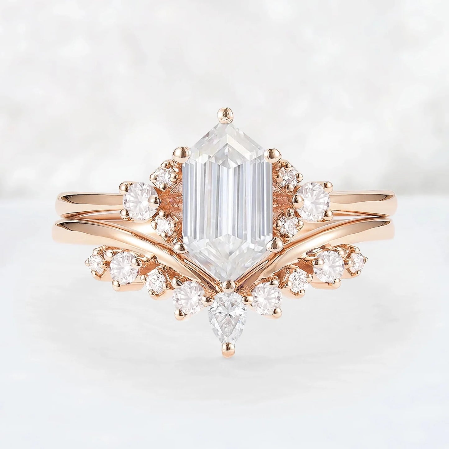 Unique Hexagon Cut Moissanite Cluser Seven Stone Gemstone Ring Set 2pcs