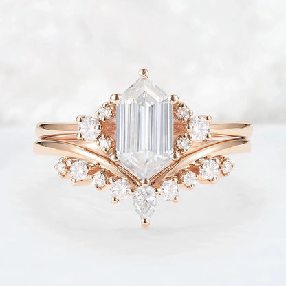 Unique Hexagon Cut Moissanite Cluser Seven Stone Gemstone Ring Set 2pcs