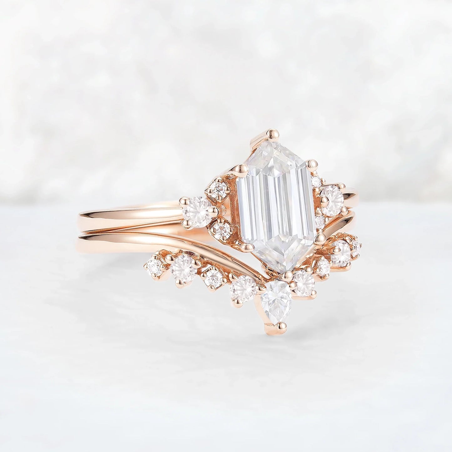 Unique Hexagon Cut Moissanite Cluser Seven Stone Gemstone Ring Set 2pcs