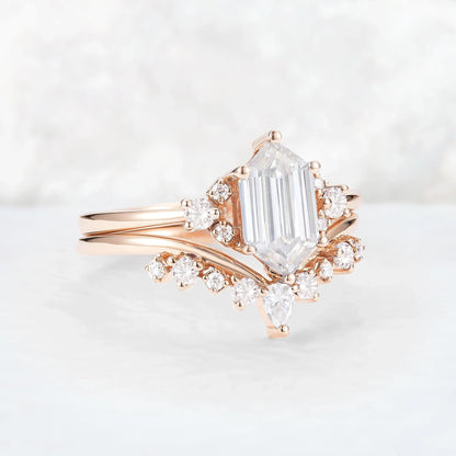 Unique Hexagon Cut Moissanite Cluser Seven Stone Gemstone Ring Set 2pcs