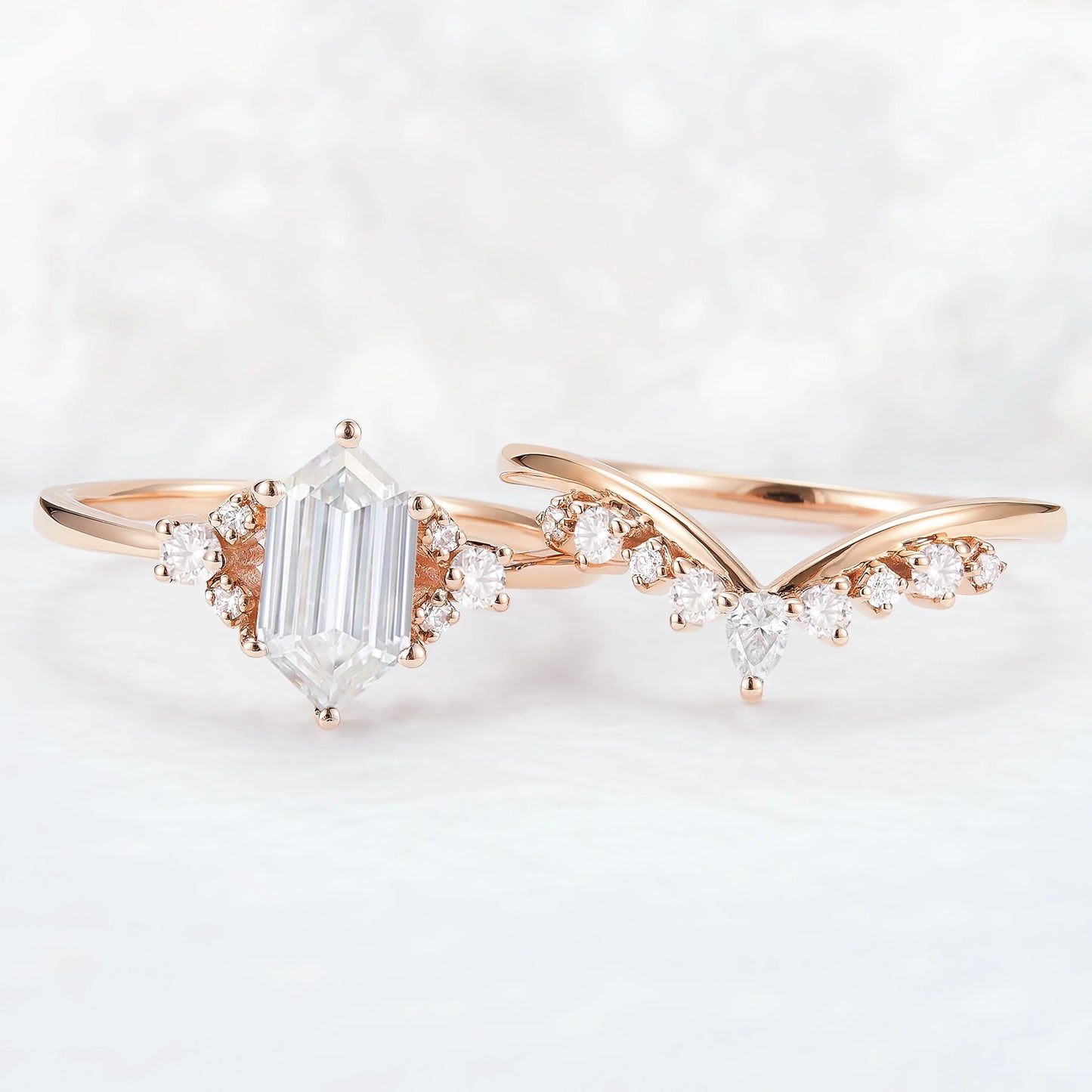 Unique Hexagon Cut Moissanite Cluser Seven Stone Gemstone Ring Set 2pcs
