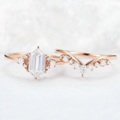 Unique Hexagon Cut Moissanite Cluser Seven Stone Gemstone Ring Set 2pcs