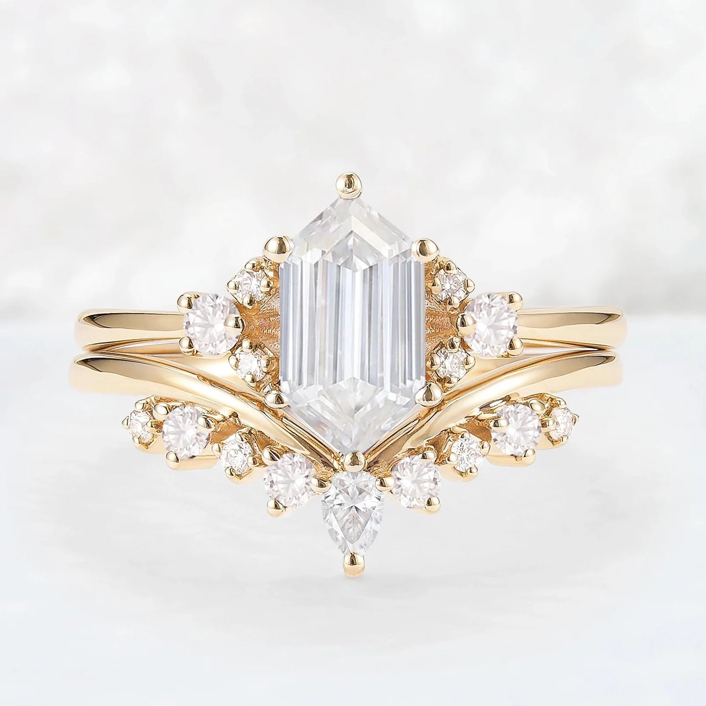 Unique Hexagon Cut Moissanite Cluser Seven Stone Gemstone Ring Set 2pcs