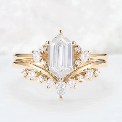 Unique Hexagon Cut Moissanite Cluser Seven Stone Gemstone Ring Set 2pcs