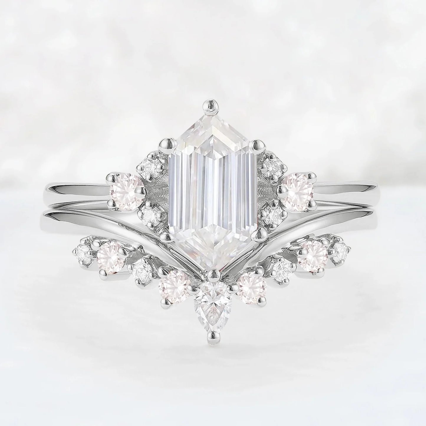 Unique Hexagon Cut Moissanite Cluser Seven Stone Gemstone Ring Set 2pcs