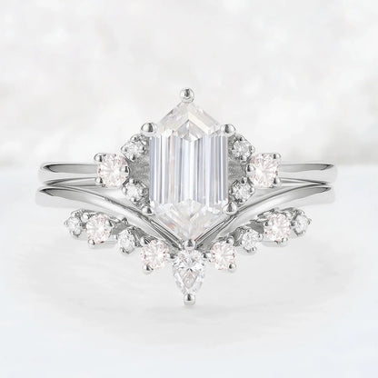 Unique Hexagon Cut Moissanite Cluser Seven Stone Gemstone Ring Set 2pcs