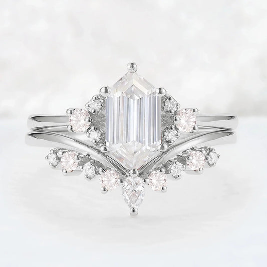 Unique Hexagon Cut Moissanite Cluser Seven Stone Gemstone Ring Set 2pcs