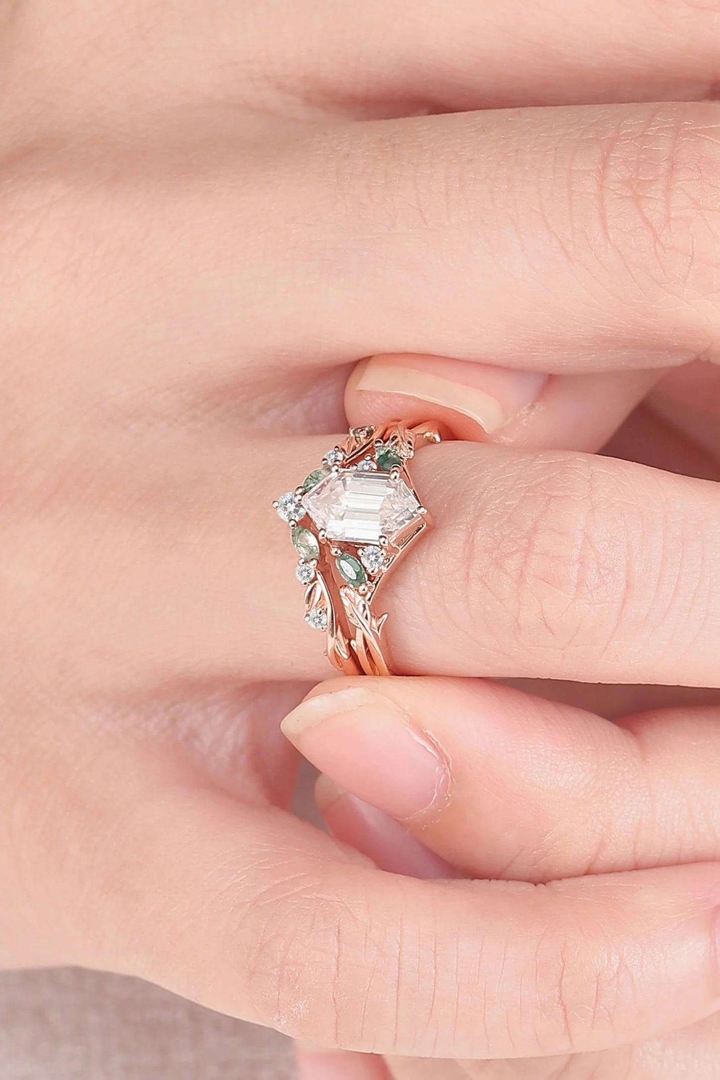 Unique Hexagon Cut Moissanite Vine Leaf Gemstone Ring Set 2pcs