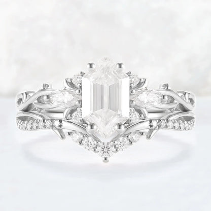 Unique Hexagon Cut Moissanite Vine Gemstone Ring Set 2pcs