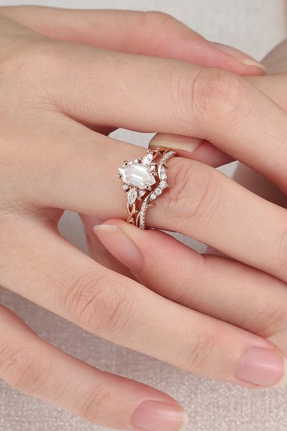 Unique Hexagon Cut Moissanite Vine Gemstone Ring Set 2pcs