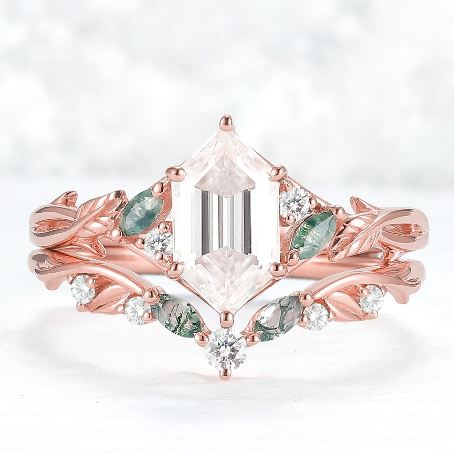 Unique Hexagon Cut Moissanite Vine Leaf Gemstone Ring Set 2pcs