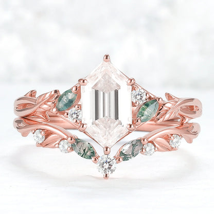 Unique Hexagon Cut Moissanite Vine Leaf Gemstone Ring Set 2pcs