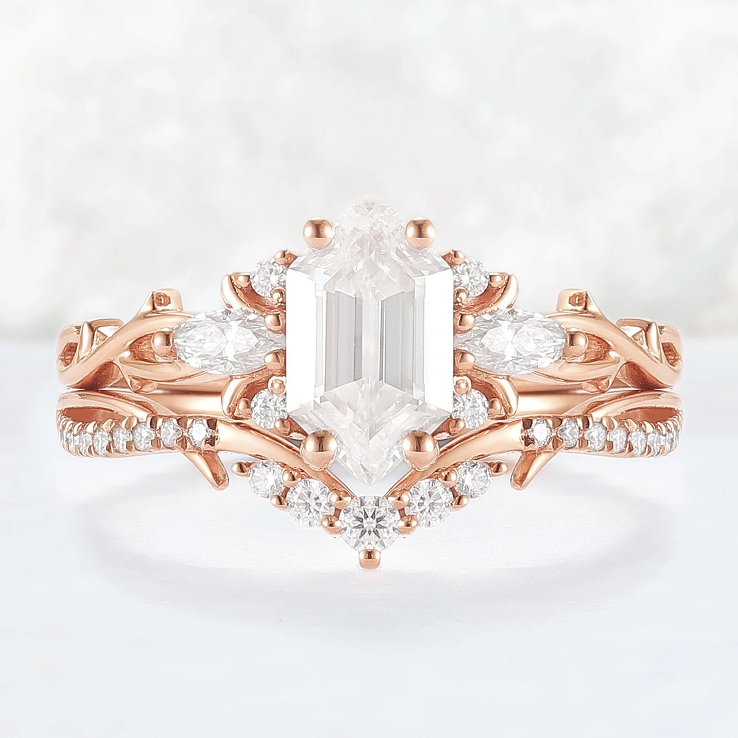 Unique Hexagon Cut Moissanite Vine Gemstone Ring Set 2pcs