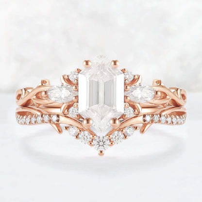 Unique Hexagon Cut Moissanite Vine Gemstone Ring Set 2pcs