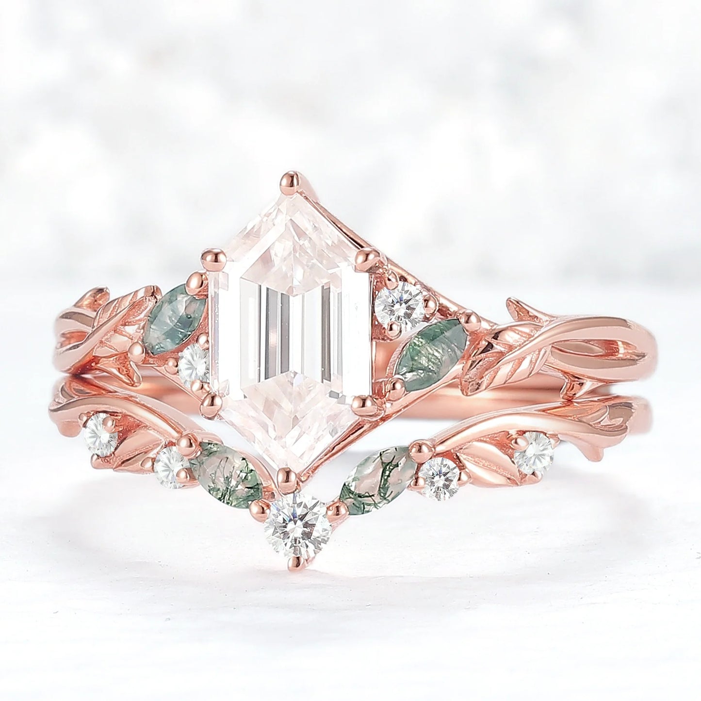 Unique Hexagon Cut Moissanite Vine Leaf Gemstone Ring Set 2pcs