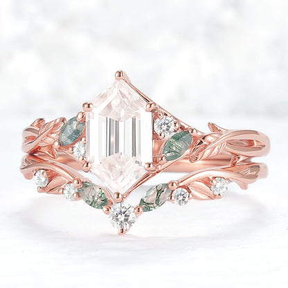 Unique Hexagon Cut Moissanite Vine Leaf Gemstone Ring Set 2pcs