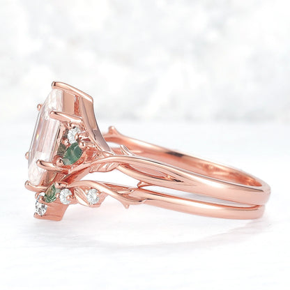 Unique Hexagon Cut Moissanite Vine Leaf Gemstone Ring Set 2pcs