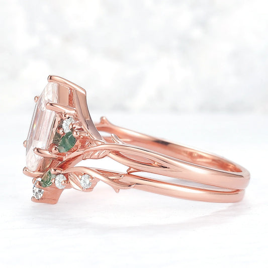 Unique Hexagon Cut Moissanite Vine Leaf Gemstone Ring Set 2pcs