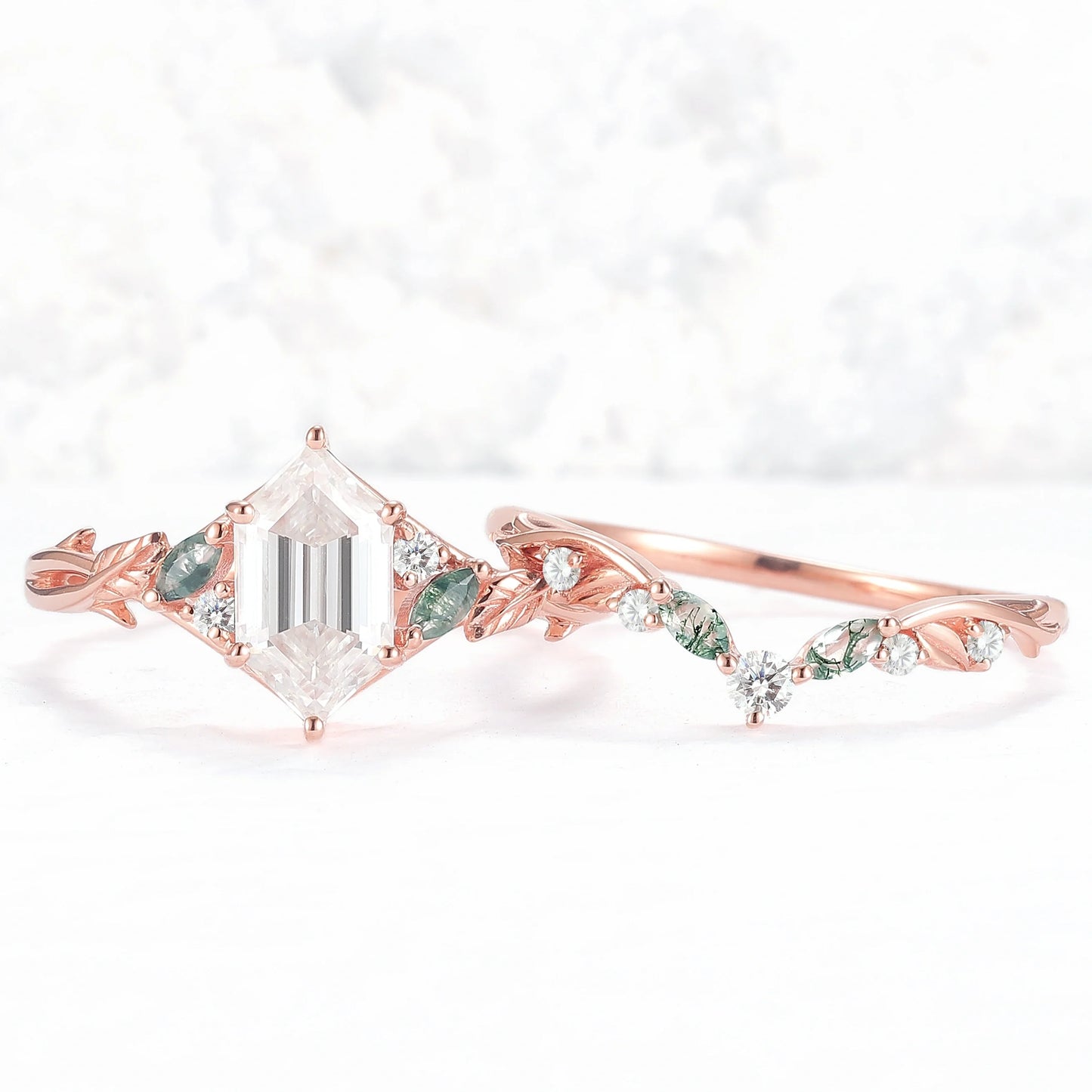 Unique Hexagon Cut Moissanite Vine Leaf Gemstone Ring Set 2pcs