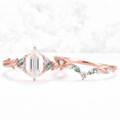 Unique Hexagon Cut Moissanite Vine Leaf Gemstone Ring Set 2pcs
