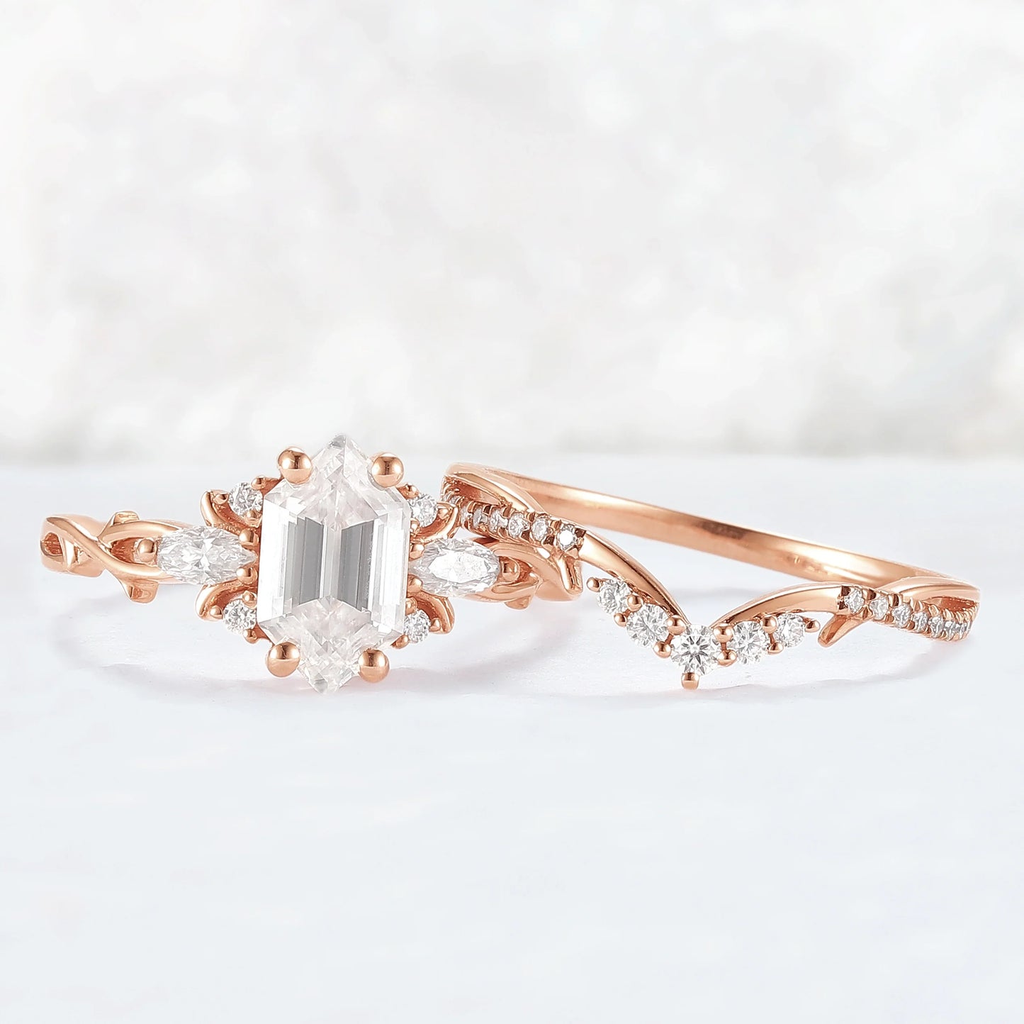 Unique Hexagon Cut Moissanite Vine Gemstone Ring Set 2pcs
